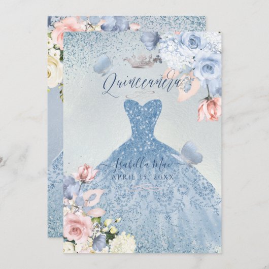 PixDezines Dusty Blue Blush Rose Quinceanera Einladung (Vorne/Hinten)