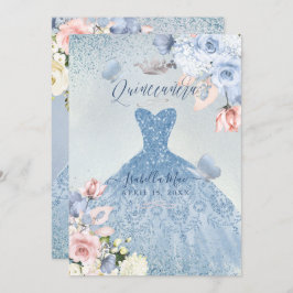 PixDezines Dusty Blue Blush Rose Quinceanera Einladung