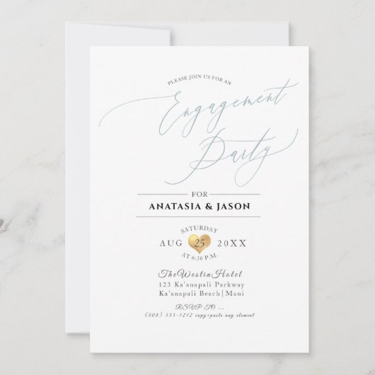 PixDezines Dusty Blue Calligraphy Engagement Party Einladung (Vorderseite)