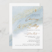 PixDezines Dusty Blue Gold Christening 1st BD Einladung (Vorne/Hinten)