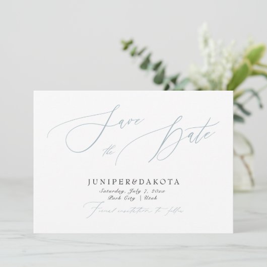 PixDezines Dusty Blue Modern Script Save the Date Einladung (Stehend Vorderseite)