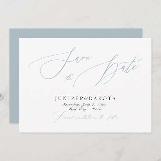 PixDezines Dusty Blue Modern Script Save the Date Einladung (Vorne/Hinten)