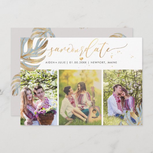 PixDezines Dusty Blue Monstera Imitats Metallic Save The Date (Vorne/Hinten)