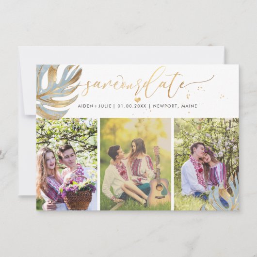 PixDezines Dusty Blue Monstera Imitats Metallic Save The Date (Vorderseite)