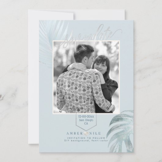 PixDezines Dusty Blue Rett Date/Silver Palms Save The Date (Vorderseite)