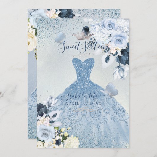 PixDezines Dusty Blue Rose 16 . Geburtstag Einladung (Vorne/Hinten)