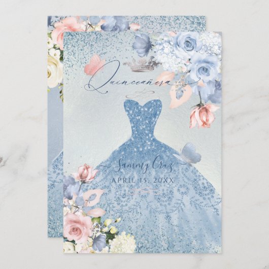 PixDezines Dusty Blue Rose Quinceanera Einladung (Vorne/Hinten)