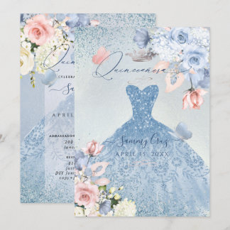PixDezines Dusty Blue Rose Quinceanera Einladung