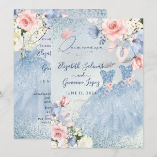 PixDezines Dusty Blue Rose Twins Quinceanera Einladung