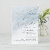 PixDezines Dusty Blue Silver Christening 1st BD Einladung (Stehend Vorderseite)