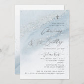 PixDezines Dusty Blue Silver Christening 1st BD Einladung (Vorne/Hinten)