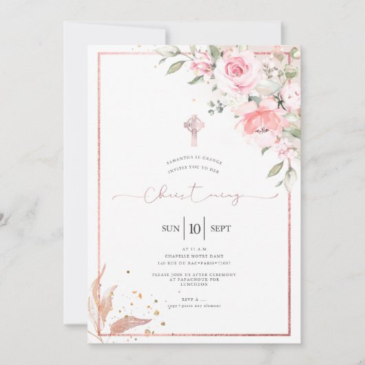 PixDezines Dusty Pink Roses Christening Einladung (Vorderseite)