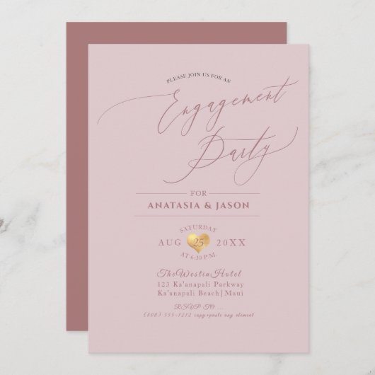 PixDezines Dusty Rose Calligrafy Engagement Party Einladung (Vorne/Hinten)