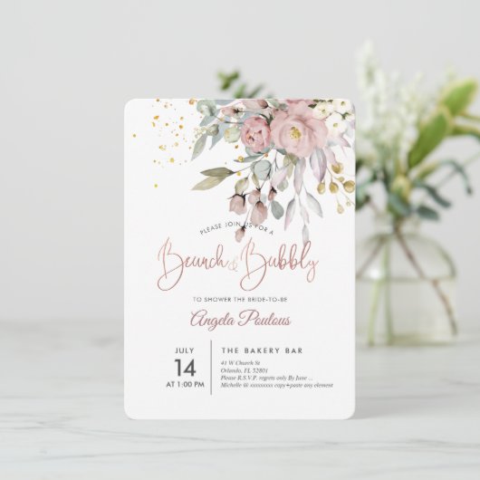 PixDezines Dusty Rose Eucalyptus Brunch+Bubbly Einladung (Stehend Vorderseite)