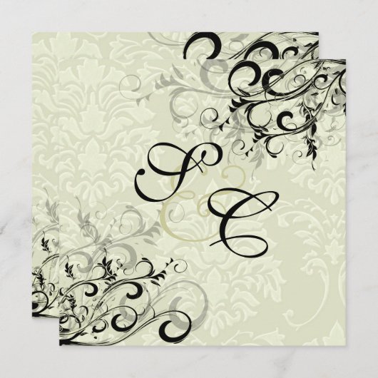 PixDezines EBONY WIRBEL/IVORY BAROQUE DAMASK Einladung (Vorne/Hinten)