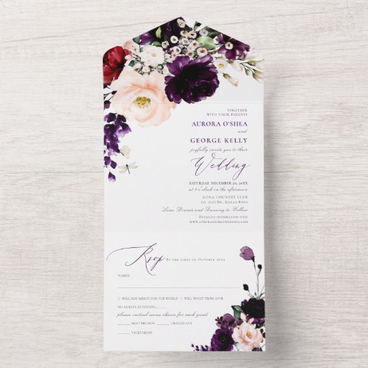 PixDezines Eggplant Blush Navy H2 Blume All In One Einladung (Innen Boden)