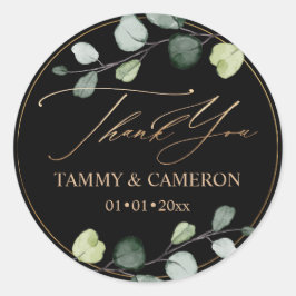 PixDezines Elegant Black Green Gold Eucalyptus Runder Aufkleber