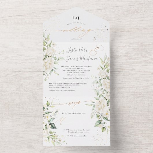 PixDezines Elegant Creamy White Roses All In One Einladung (Innen Boden)