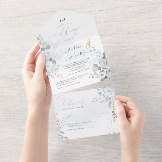 PixDezines Elegant Dusty Blue Rose All In One Einladung (Abreißen)