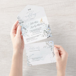 PixDezines Elegant Dusty Blue Rose All In One Einladung