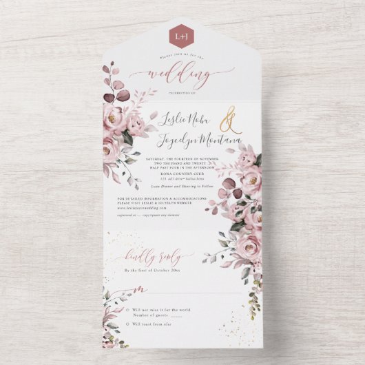 PixDezines Elegant Dusty Rose+Gum Eukalyptus All In One Einladung (Innen Boden)