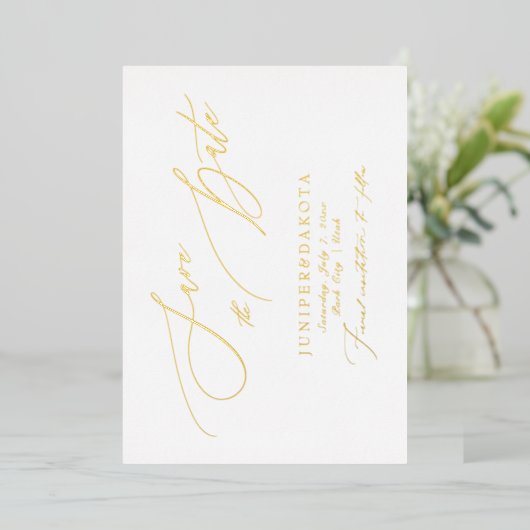 PixDezines Elegant Luxe Calligraphy Save the Date Folieneinladung (Stehend vorne)
