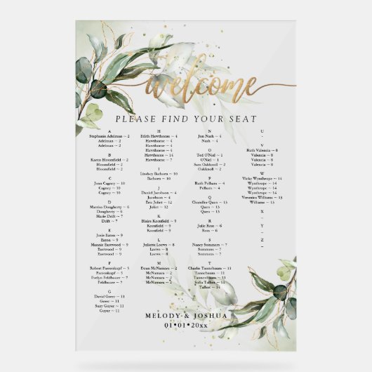 PixDezines Elegant Rustikale Eukalyptus-Sitzkarte Acrylschild (Vorderseite)