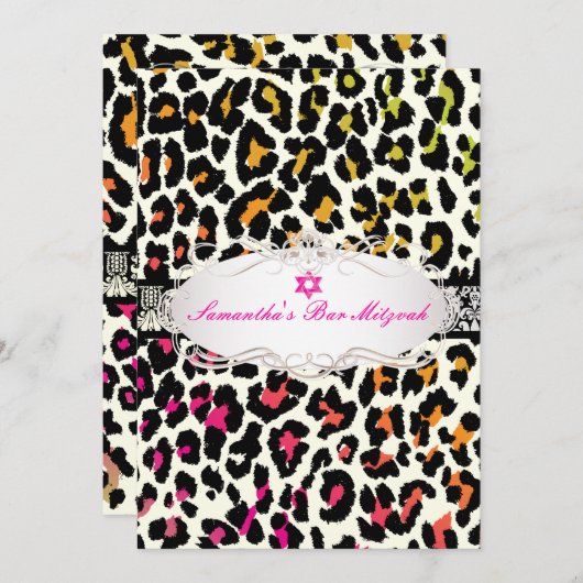 PixDezines farbiger Leopard-Druck/Fledermausmitzva Einladung (Vorne/Hinten)