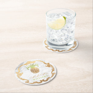 PixDezines Faux Gold Ananas+Weißer Marmor Runder Pappuntersetzer