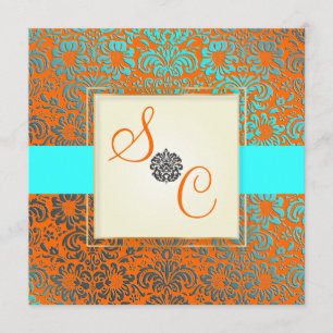 PixDezines Fidora Blau+Orange Vintage Damast Einladung
