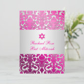PixDezines Flora Damask Bat Mitzvah/Pink/Silber Einladung (Stehend Vorderseite)