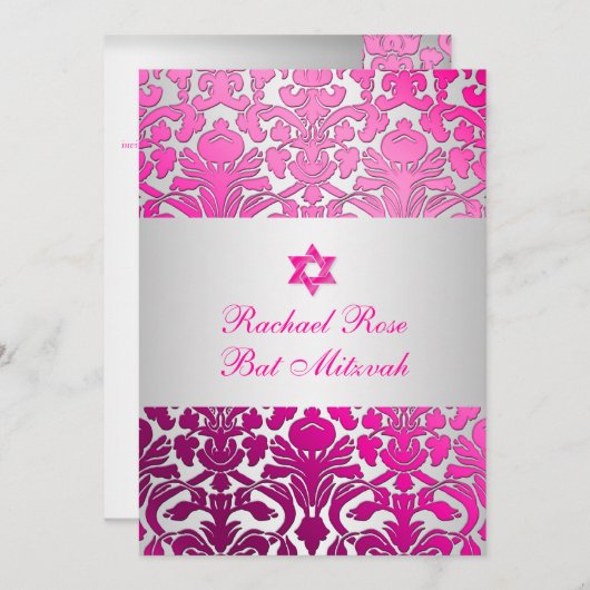 PixDezines Flora Damask Bat Mitzvah/Pink/Silber Einladung (Vorne/Hinten)