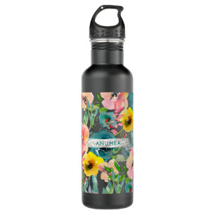 PixDezines Floral Wasserfarbe Aquamarin, gelb Edelstahlflasche