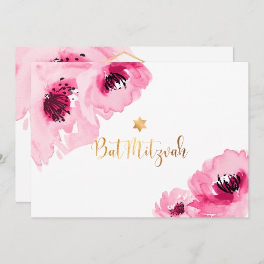 PixDezines Floral Wasserfarbe/Rose/Bat Mitzvah Einladung (Vorne/Hinten)