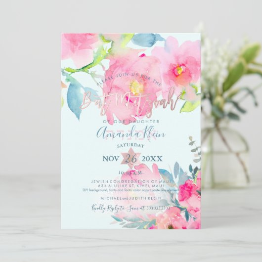 PixDezines Floral Watercolor Bat Mitzvah Einladung (Stehend Vorderseite)