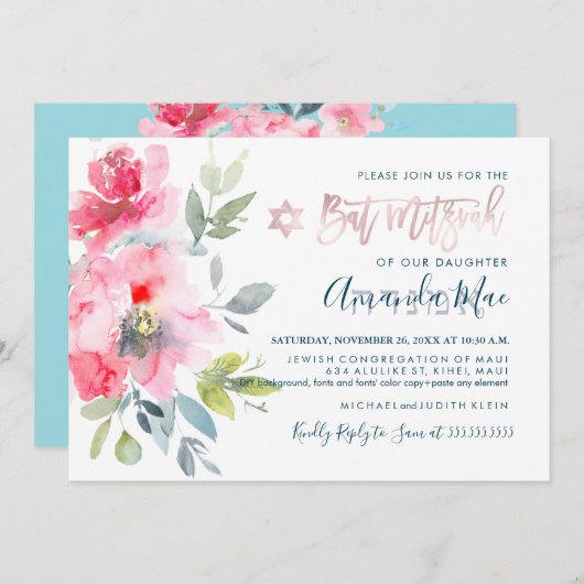 PixDezines Floral Watercolor Bat Mitzvah, Ombre Einladung (Vorne/Hinten)