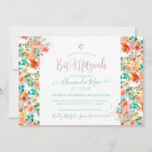 PixDezines Floral Watercolor Bat Mitzvah, Orange Einladung (Vorderseite)