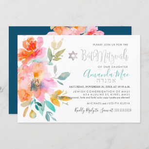 PixDezines Floral Watercolor Bat Mitzvah, Orange Einladung