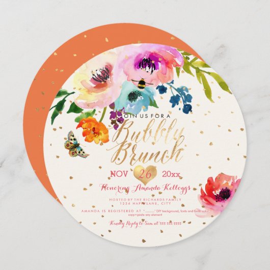 PixDezines Floral Watercolor Brunch+Bubble Einladung (Vorne/Hinten)