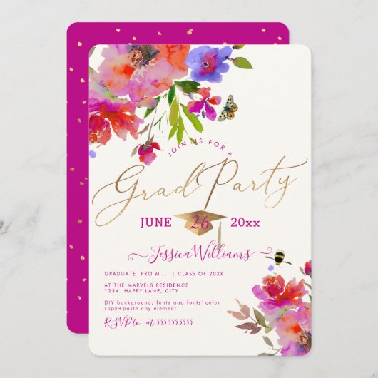 PixDezines Floral Watercolor Graduation Party Einladung (Vorne/Hinten)