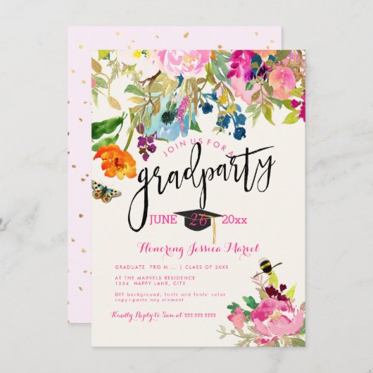 PixDezines Floral Watercolor Graduation Party Einladung (Vorne/Hinten)