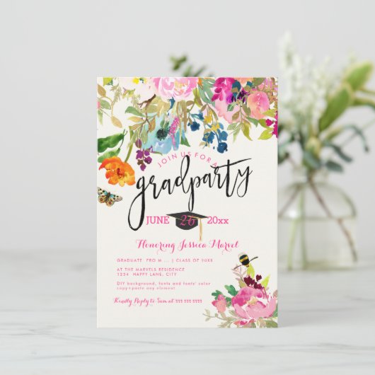 PixDezines Floral Watercolor Graduation Party Einladung (Stehend Vorderseite)