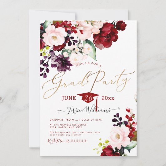 PixDezines Floral Watercolor Graduation Party Invi Einladung (Vorderseite)