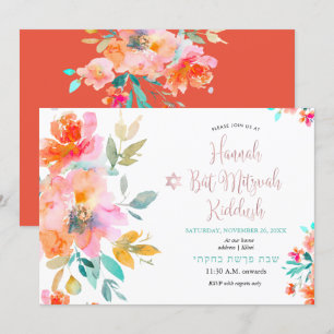PixDezines Florale Wasserfarben-Rosen Mitzvah Kidd Einladung