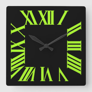 PixDezines Fluorescent Lime Green Roman Numeros Quadratische Wanduhr