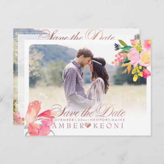 PixDezines Frühlingsflorale Save the Date/Rose Gol Ankündigungspostkarte (Vorne/Hinten)