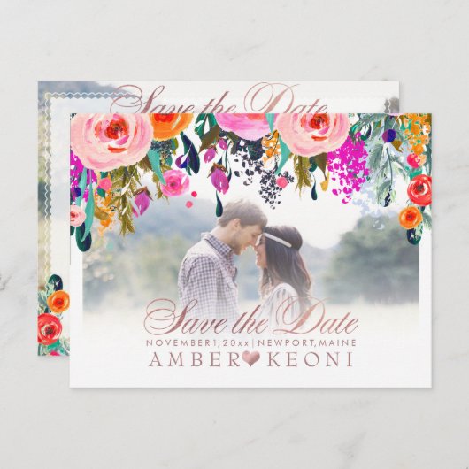 PixDezines Frühlingsflorale Save the Date/Rose Gol Ankündigungspostkarte (Vorne/Hinten)