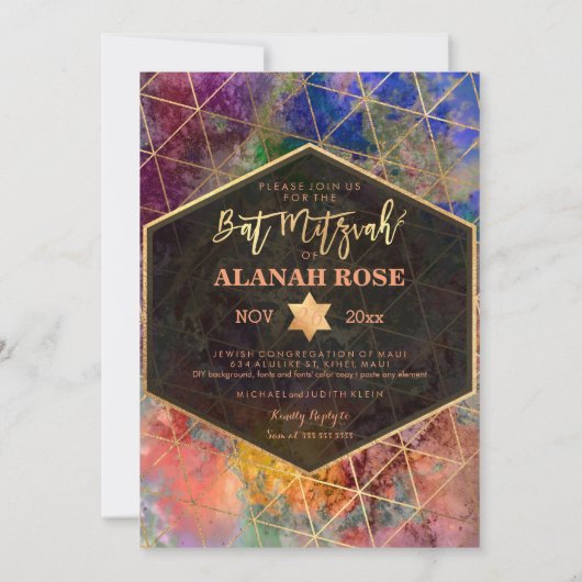 PixDezines Galaxy Abstrakt Geometric Bat Mitzvah Einladung (Rückseite)