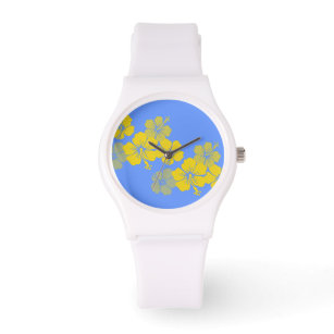 PixDezines Gelber Hibiskus/Deuchhintergrund Armbanduhr