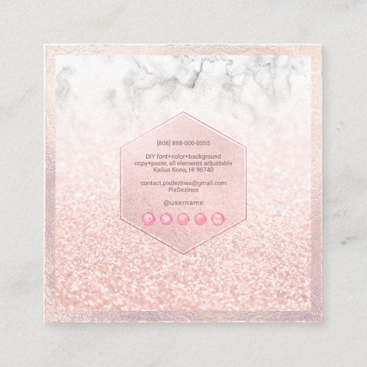 PixDezines Glam Imitate Glitzer, Rosa Farbe+Marmor Quadratische Visitenkarte (Rückseite)